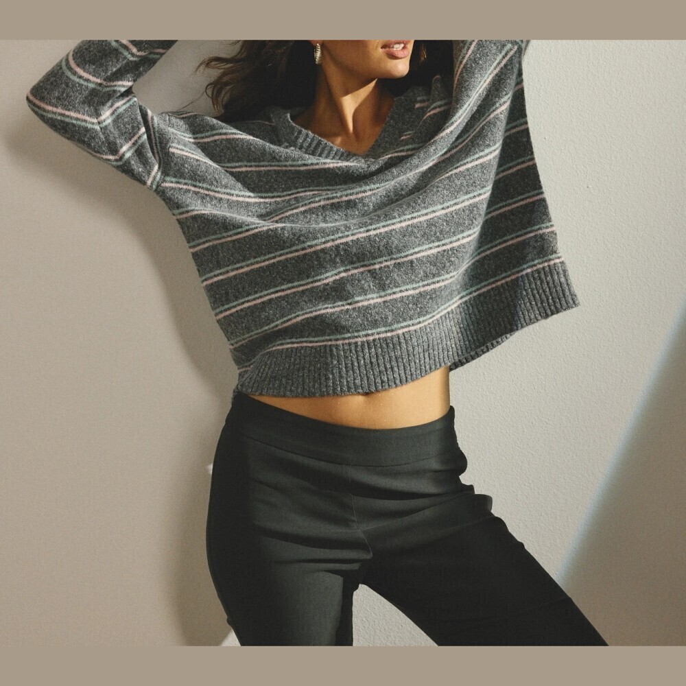 Gray Striped Knit Sweater with V Neck and Ribbed Hem